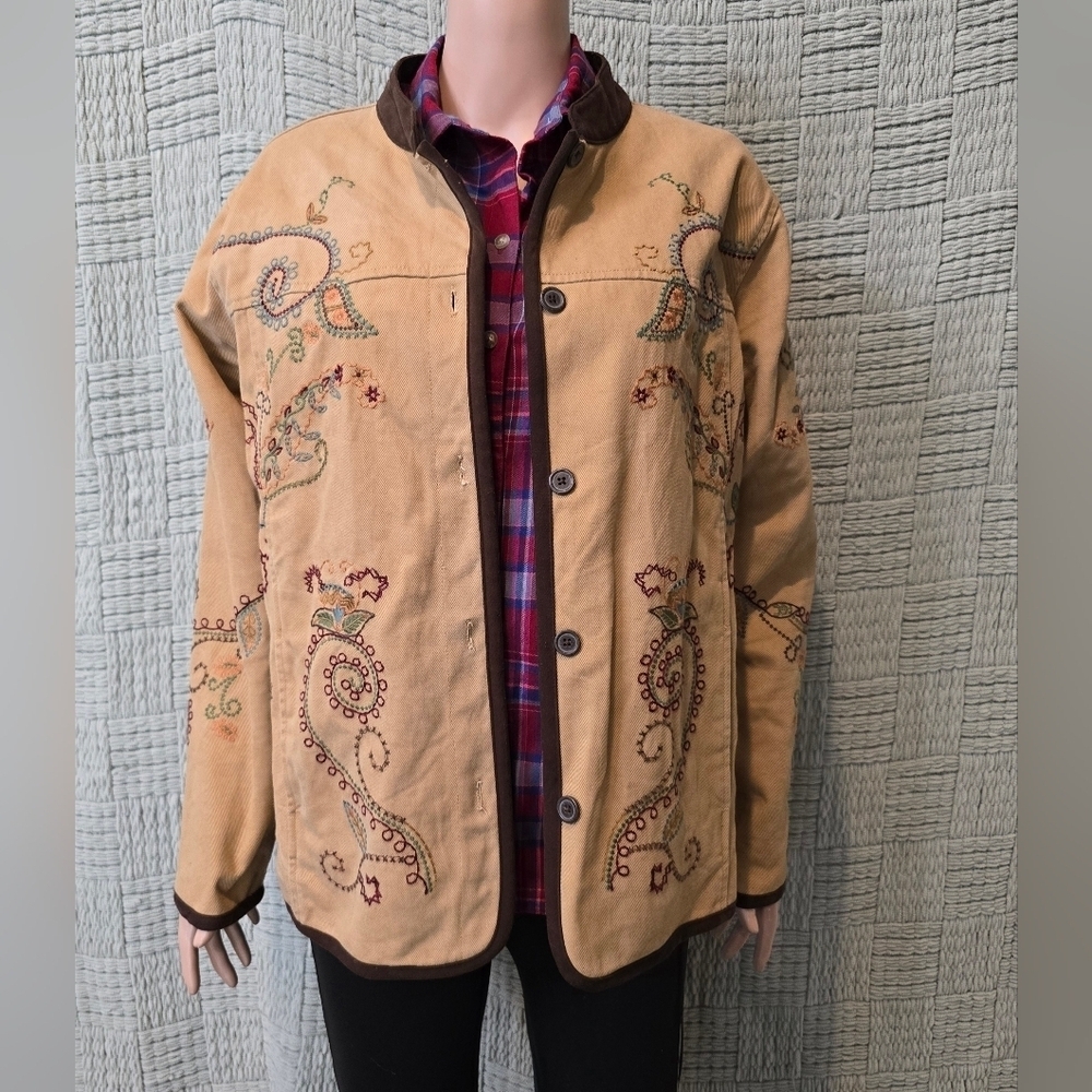 Denim & Co Women's L Tan Button-Up Utility Jacket Floral Paisley Embroidery